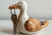 Decorative wooden seagull figurine holding metal keys in its beak against white background, perfect for coastal home decor and security concepts.