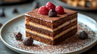 Layered chocolate cake slice with cream filling, dusted cocoa powder, topped with fresh raspberries and blueberries on gray ceramic plate, close up view.