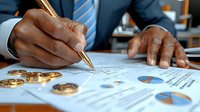 African American businessman analyzing cryptocurrency investment data with bitcoin coins and financial charts, making strategic business decisions.