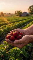 Farmer hands holding fresh ripe strawberries at sunset in agricultural field with barn and crops in background for organic farming and harvest concepts.