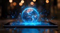 Glowing holographic Earth projection rising from smartphone screen with blue light effects and bokeh background, digital global connectivity concept.
