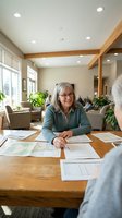 Senior Caucasian woman with glasses smiling during business meeting at wooden table with documents in modern office space with natural lighting.