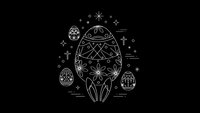 Decorative Easter egg with ornate patterns surrounded by smaller eggs and celestial elements on black background for holiday designs and spring celebrations.