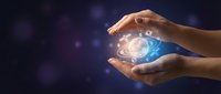 Hands protecting glowing digital sphere with network connections on cosmic background representing technology protection and cybersecurity concepts.