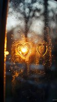 Glowing heart shapes drawn on foggy window with sunset light creating magical atmosphere. Water drops and condensation add romantic mood to evening scene.