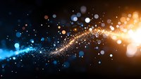 Magical light trail with glowing blue and golden particles on dark background, sparkling bokeh effect creates mystical atmosphere for festive designs.