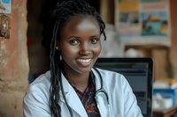 Young African female doctor with dreadlocks smiling in medical office wearing white coat and stethoscope for healthcare and medical profession concepts.