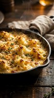 Golden baked potato gratin with herbs steaming in cast iron skillet on rustic wooden table with striped kitchen towel for comfort food recipes.