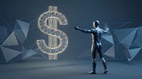 Businessman in suit pointing at large golden dollar sign symbol on geometric polygonal background representing financial success and wealth growth.