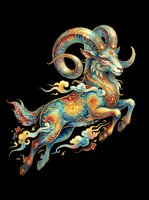 Ornate ram with curved horns leaping in mid-air, featuring intricate gold, teal, and red decorative patterns. Isolated on transparent background, ready for t-shirts, stickers, clipart, sublimation, and print-on-demand designs.