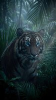 Majestic tiger with piercing blue eyes emerges from lush tropical jungle foliage, surrounded by palm fronds in misty rainforest atmosphere for wildlife photography.