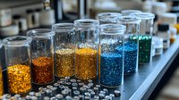 Glass jars filled with colorful metallic glitter in gold, copper and blue shades arranged in laboratory setting on dark surface, macro photography for craft and design projects.