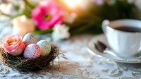 Decorated Easter eggs in natural nest with spring roses and morning coffee cup on vintage lace tablecloth, soft focus romantic holiday composition.