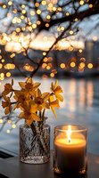 Cozy autumn evening scene with golden flowers in crystal vase and glowing candle against bokeh lights background for seasonal home decor and relaxation.