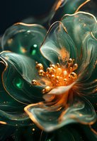 Luminous emerald and gold flower with translucent petals glowing against dark background, featuring delicate details and magical sparkles for luxury design projects.