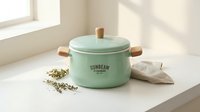 Mint green enamel cooking pot with wooden handles and lid on kitchen counter with herbs and natural sunlight for modern home cooking.