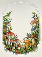Watercolor mushroom frame with forest plants, berries and ferns creating decorative border on textured paper background for botanical design projects.