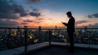 Businessman in formal attire using laptop on rooftop terrace overlooking illuminated cityscape at sunset, representing remote work, urban professional lifestyle, and evening business communication.