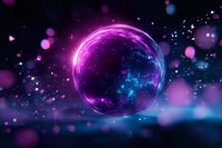 Glowing neon sphere with purple and blue light effects against dark background, surrounded by bokeh particles and cosmic atmosphere.