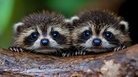 Two young raccoons with distinctive black facial masks and bright blue eyes perched together on a wooden branch, displaying curious expressions and sharp claws for wildlife and nature content.