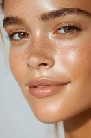 Close-up portrait showcasing glowing skin with natural freckles, dewy complexion, and subtle nude makeup. Brown eyes and full lips express gentle smile.