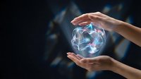 Hands holding glowing digital sphere with interconnected network nodes, representing data connection, technology innovation, and global communication for business solutions.