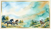 Watercolor illustration of wild horses galloping through a scenic valley landscape with mountains, trees, and riders on horseback in soft earth tones.