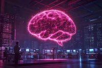 Glowing pink neon brain hologram in futuristic cyber office space with silhouetted person observing multiple computer monitors in dark atmosphere.