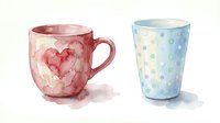 Pair of watercolor mugs with heart design and polka dot pattern, isolated on white background, ready for merchandise design, greeting cards, and home decor projects.
