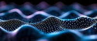 Abstract digital wave visualization with connected dots and lines forming undulating surface in blue and purple neon colors against dark background. Futuristic network concept.