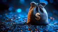 Money bag with dollar sign on blue glowing bokeh background, financial wealth and prosperity concept for banking, savings and investment.