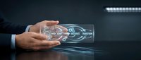 Professional businessman hands protecting digital transformation hologram with gears and technology icons for modern business innovation concepts.