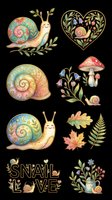 Whimsical snail collection with ornate shells, decorative hearts, mushrooms, autumn leaves, and botanical elements isolated on transparent background. Ready for t-shirt designs, stickers, clipart, sublimation, and print-on-demand products.