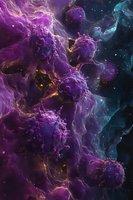 Cosmic nebula in vibrant purple and turquoise hues with glowing particles and stellar formations creating dramatic space scenery against starry background.