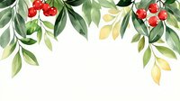 Watercolor botanical border with green leaves and red berries, creating elegant natural frame on white background.