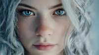 Close-up portrait of young Caucasian woman with striking blue eyes and platinum blonde hair. Natural makeup and soft lighting create intimate mood.