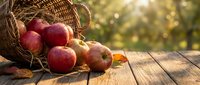 Fresh red apples spilling from wicker basket on rustic wooden table with autumn leaves and warm golden sunlight creating harvest atmosphere.