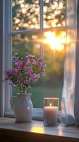 Cozy window sill with pink flowers in ceramic pitcher and glowing candle at sunset, sheer curtain and bokeh lights creating peaceful atmosphere.