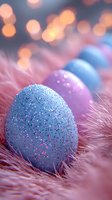 Glittery blue Easter eggs nestled in soft pink feathers with dreamy bokeh lights background, creating magical holiday atmosphere for spring celebrations.