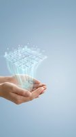 Hands holding holographic cityscape with digital grid and data streams, representing smart city technology, urban planning, and innovation for business presentations.
