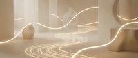Elegant beige interior with glowing golden light trails flowing through minimalist architectural space, creating a serene, futuristic atmosphere.