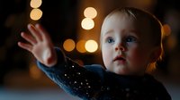 Curious toddler reaching up towards glowing bokeh lights in dark room, wearing navy sweater, soft focus portrait with dreamy atmosphere and warm illumination.