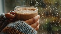 Cozy morning scene with hands in knitted sweater holding steaming coffee cup by rainy window with water droplets creating warm atmospheric mood for cafes.