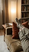 Cozy home relaxation scene with feet in wool socks on sofa, warm lighting and coffee cup creating comfortable atmosphere for lifestyle content.