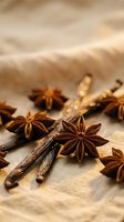 Star anise and vanilla beans arranged on neutral linen fabric with warm lighting, suitable for culinary, food styling, recipe blogs, and spice-related design projects.