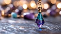 Crystal pendant with purple and turquoise colors hanging on chain against blurred bokeh lights background, close up macro shot on textured surface.