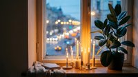 Cozy evening windowsill scene with burning candles, houseplant and warm bokeh city lights creating peaceful home atmosphere for relaxation and mindfulness.