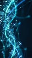 Abstract digital DNA helix with glowing blue particles and network connections representing biotechnology and genetic research innovation.