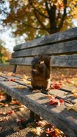 Cute squirrel sitting on wooden park bench surrounded by colorful autumn leaves in golden sunlight for seasonal wildlife photography and nature content.