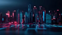 Futuristic cityscape with neon blue and pink lights reflecting on dark water surface, modern skyscrapers silhouettes against night sky create cyberpunk atmosphere.